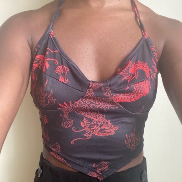 Chinese Dragon Print Asymmetrical Hem Crop Halter Top - Picture 3 of 4